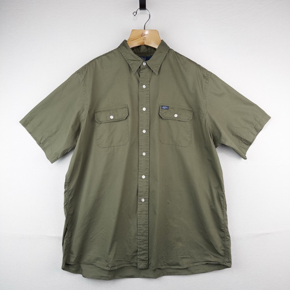90's Vtg Polo Ralph Lauren Lightweight SS Button Up Shirt Mens 2XL Green Utility
